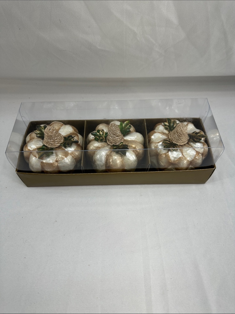 New MacKenzie-Childs Mocha Capiz Pumpkins Set Of 3 Halloween